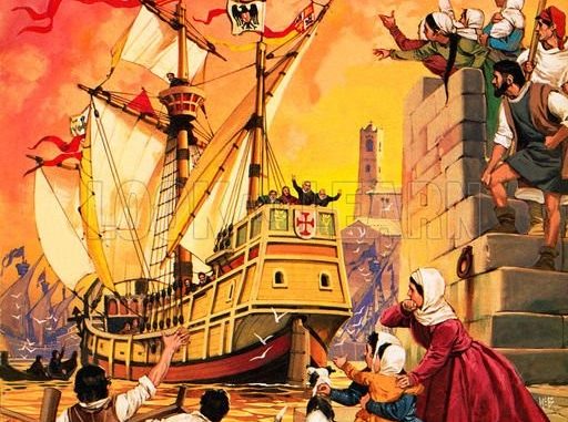 Angus McBride (Londra 1931-Città del Capo 2007), illustratore storico, "Columbus setting sail in the Santa Maria in August 1492".