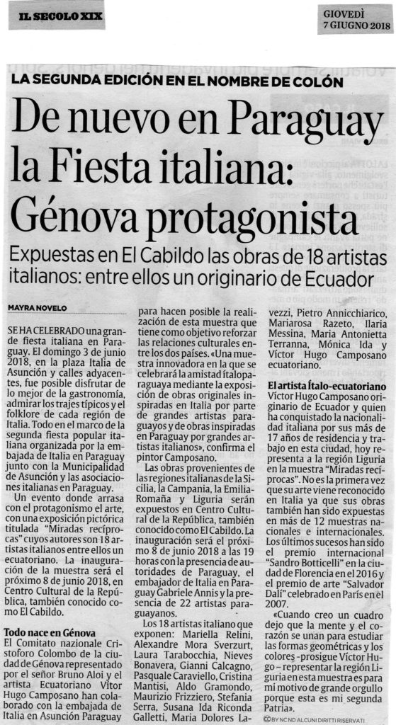 Mostra-Asuncion-Il-Secolo-XIX-del-7-giugno-2018-559x1024 Mostra Internazionale d'Arte"Italia y Paraguay: Miradas Reciprocas". Asunción, Paraguay. Mostra-Asuncion-Il-Secolo-XIX-del-7-giugno-2018-559x1024