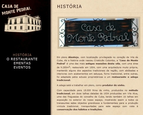 ALENTEJO-Ristorante-Azienda António José e Francisco Charneca. "Colombo e la india". Casa de Monte Pedral, Cuba. Portogallo ALENTEJO-Ristorante-Azienda